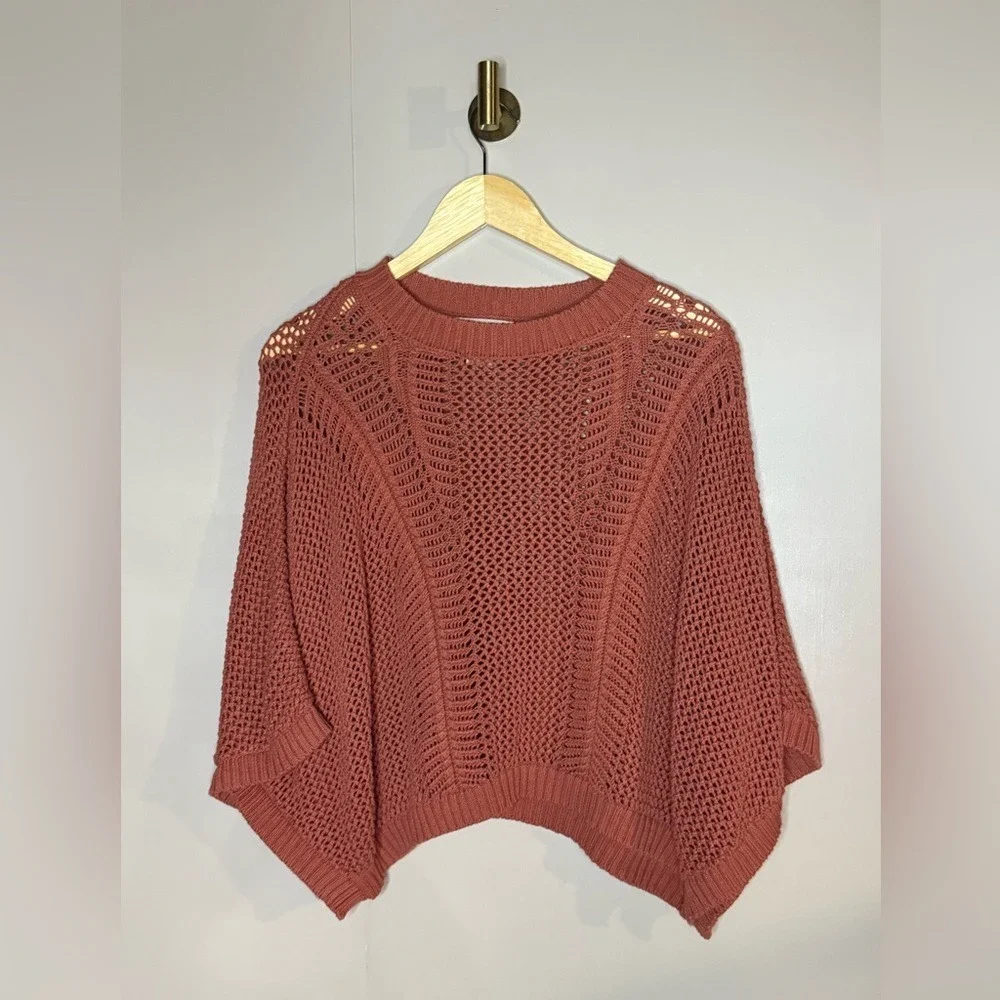 essica Simpson Open‎ Crochet Batwing Sweater Rust Boho Festival Medium - Picture 2 of 6